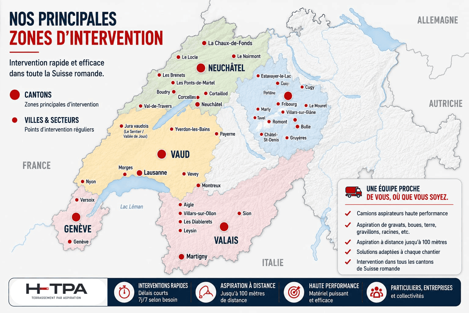 Carte des zones d'intervention H-TPA en Suisse Romande : Vaud, Genève, Fribourg, Neuchâtel, Valais